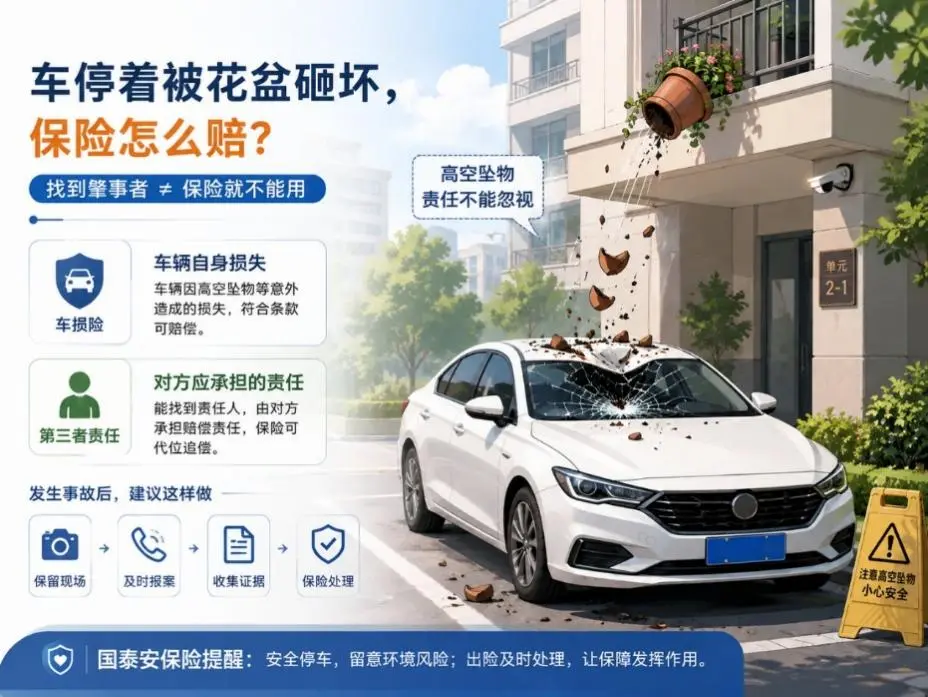 车停在楼下被花盆砸坏，车损险能不能赔？找到肇事者后又该谁赔？(图1)
