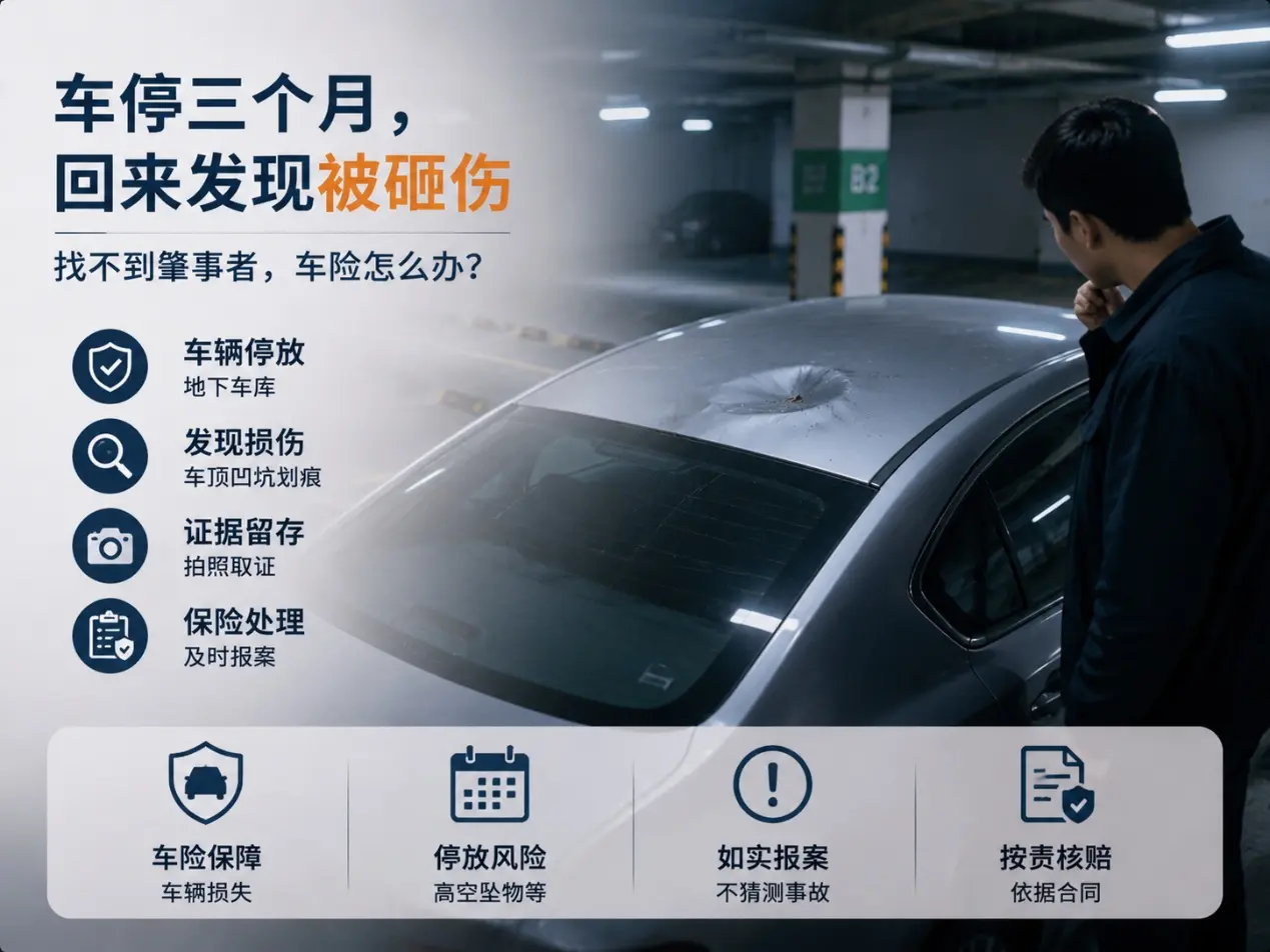 出差三个月没动车，回来发现车顶被砸出一个坑：找不到肇事者，车险还能怎么处理？(图1)